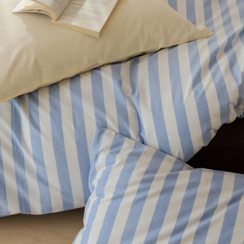 Image of Striped Duvet Cover King Size Blue White Stripes Geometric Bedding Set 3 Pieces Retro Vertical Stripe Soft Lightweight Microfiber Comforter Cover Set with Zipper Closure and 2 Pillowcases