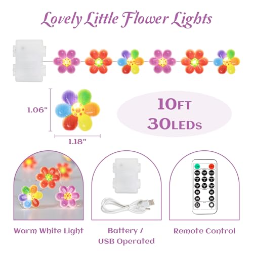 Image of Colorful Flower String Lights 10FT 30LEDs USB & Battery Powered Cute Rainbow Floral Fairy Twinkle Lights with Remote Timer Decorative for Bedroom, Dorm, Girls Room & Christmas Home Decor