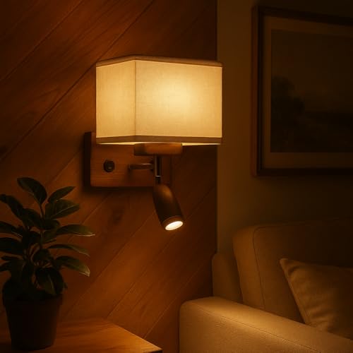 Image of Greenhouse Fully Handmade Sheesham Wood Wall Light Lamp | Khadi Fabric Shade with E27 Bulb Holder (Bulb Included) | Focus Light - 3W Warm White LED | Bedroom, Living Room, Hall, Office, Hotels