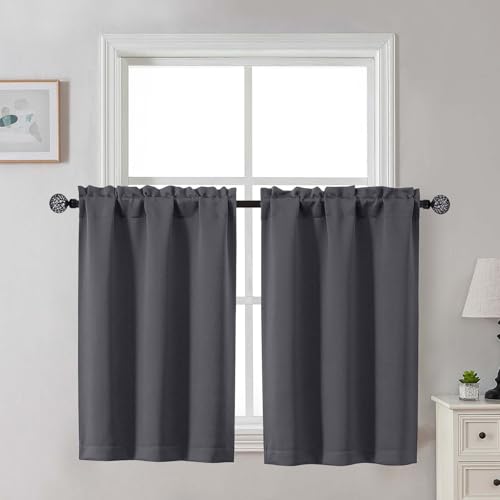Gwine Charcoal Grey Blackout Curtains for Small Window Treatment, Light Blocking Short Kitchen Window Curtains Over Sink, Rod Pocket Half Window Tiers for Bathroom Basement, Each 30' Wx36 L, 2 PCS