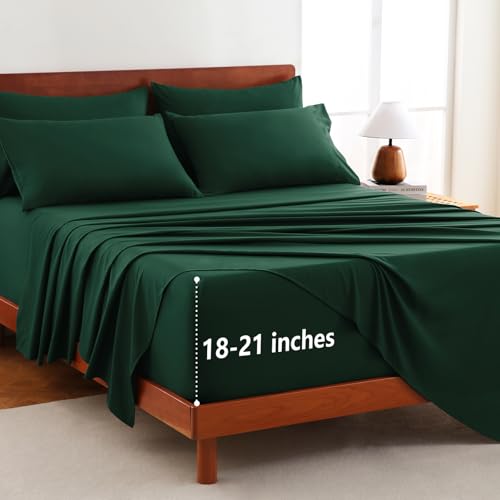 CozyLux Extra Deep Pocket King Sheets - 6 Piece Sheet Set - Fits Up to 21 inches Thick Mattress - Luxury Bedding Set - Breathable Bed Sheets Pillowcases - Easy & Secure Fit - Emerald Green, King Size