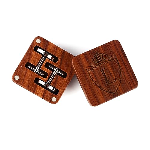 Image of Mens Initial Silver Cufflinks A-Z Alphabet Letter Steel Cuff Links with Engraved Walnut Wood Box Groom Groomsman Wedding Set