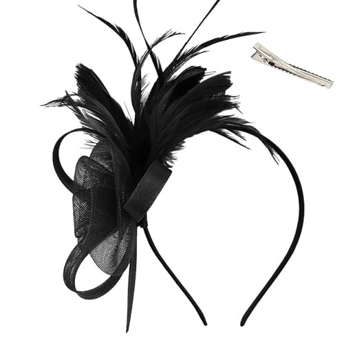 HZHSGLY Vintage Womens Navy Fascinators for Weddings Elegant and Charming Lace Feather Fascinator Wedding Hat Clip Hair Fascinator for Wedding Garden Tea Birthday Party (Black One Size)