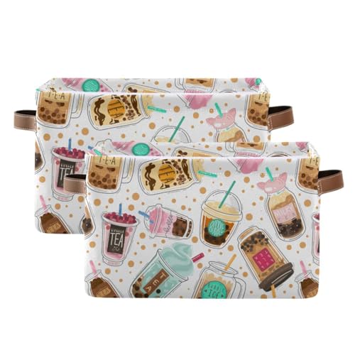 susiyo Taiwanese Boba Pearl Milk Tea Storage Bins Large Fabric Sorage Baskets for Shelves 2 Pack Foldable Decorative Closet Baskets with Handles for Organizing Shelf Clothes Home Office, 15x11x9.5Inch