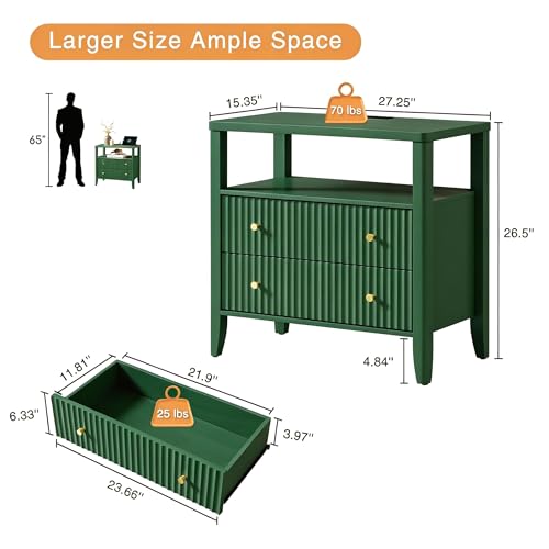 Image of Fluted Nightstand with Charging Station Set of 2, 27.3 inch Tall Modern Bedside Table with 2 Drawers & Open Shelf, Large Wide Wood End Table with Storage & Metal Handle for Bedroom, Green
