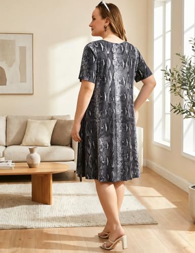 Image of OVERWORETY Womens Short Sleeve Plus Size T-Shirt Dress V Neck Casual Loose Swing A-Line Summer Tunic Dresses with Pockets