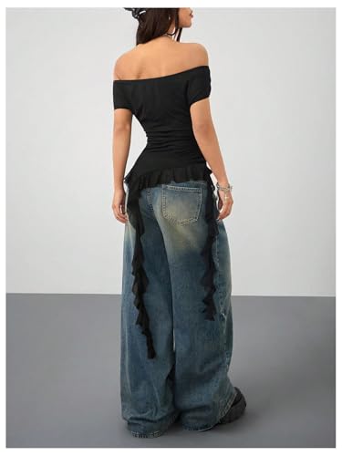 SweatyRocks Women's Ruffle Off The Shoulder T Shirts Ruched Asymmetrical Hem Short Sleeve Mesh Y2k Tops2