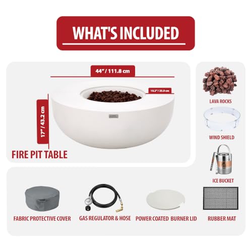 Image of AMS Creations Eclipse 44 inch Round Cast Concrete Natural Gas Fire Pit Bowl Table | Cream White | Smooth Texture Surface | Electronic Ignition | Outdoor Patio Heater Backyard Fireplace