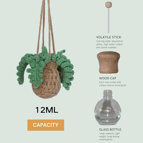 Image of ROFIGL Handmade Crochet Hanging Car Air Freshener - Botanical Fern Leaf Design with 12ml Refillable Glass Essential Oil Bottle, Long-Lasting Car Diffuser & Nature-Inspired Decor