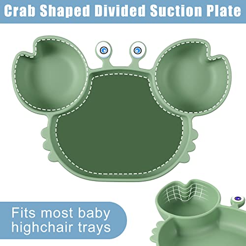 15 Pcs Baby Led Weaning Supplies, Silicone Baby Feeding Set With Crab Shape Divided Plate Adjustable Bib Suction Bowl Soft Spoon Fork, Toddler Self Eating Utensil Set #TOP4