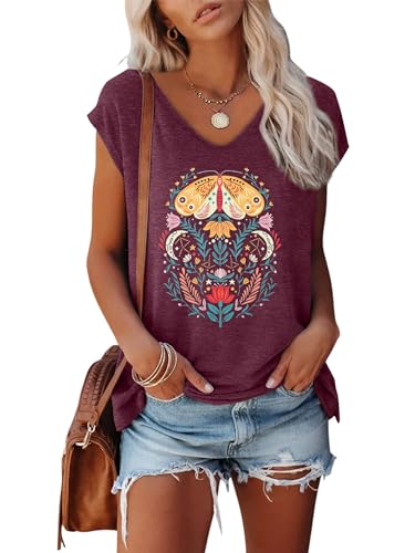Anbech Cap Sleeve Tops Women Graphic V Neck Shirt Solid Print Casual T-Shirts, Red, L