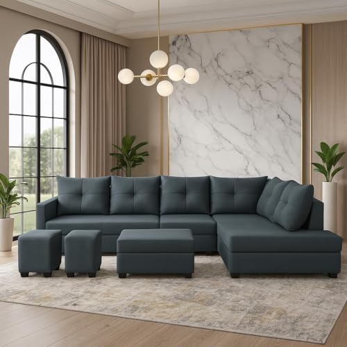Image of SOCOZI Oriana 8 Seater RHS L Shape Sofa Set | Velvet Suede Fabric L Shape Sofa for Livingroom with 2 Ottoman & Centre Table (Dark Grey)