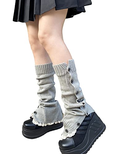 Verdusa Women's Lace Trim Button Solid Rib Knit Leg Warmers Button Grey One-Size #TOP18