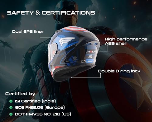 Image of Axor Street Marvel Captain America ISI ECE and DOT Certified Lightweight Full Face Helmet for Men and Women with Scratch and UV Resistant Dual Visors-Dull Blue Red White-L