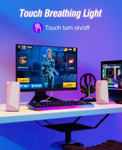 Image of LENRUE Computer Speakers, USB /USB-C Powered AUX Audio for PC Speakers with Loud Stereo Sound, Headphone-in, Touch Lights for Desktop, Computer, Laptop, Desk（USB-C to USB Adapter Included