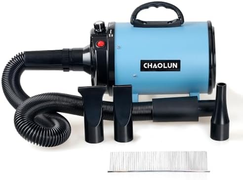 Dog Dryer for Pet Grooming, High Velocity Pet Hair Dryer with Heater, Adjustable Speed, 3 Nozzles and a Comb, Blue