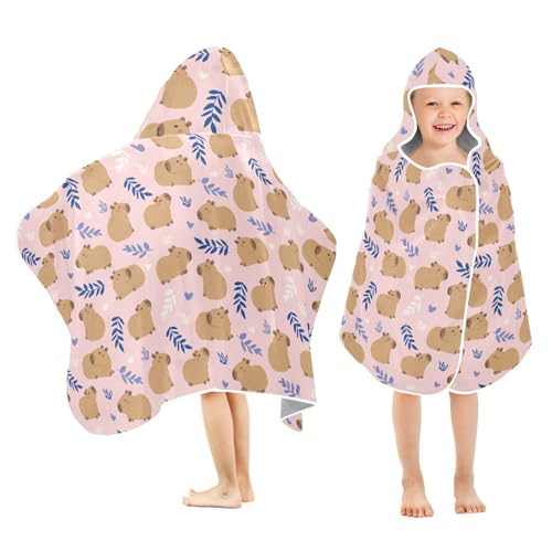 Image of Pink Cute Capybara Hooded Beach Towel for Kids, Kids Bath Hooded Towels for Boys Girls, Super Soft Absorbent Bathrobe with Hood for Swin Pool 50 inchx23.5 inch