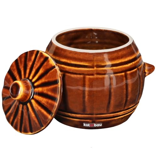KOTARBAU® Recipiente de fermentación de gres con tapa, 1 L, Marrón, Bote de barro, Olla de cerámica con asas, Tarro para fermentar chucrut, kimchee, Recipiente para conservar alimentos