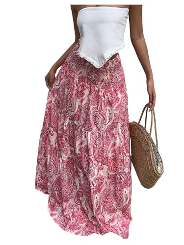 GORGLITTER Women's Boho Skirts Paisley Print Elastic High Waist Smocked A-Line Maxi Skirt