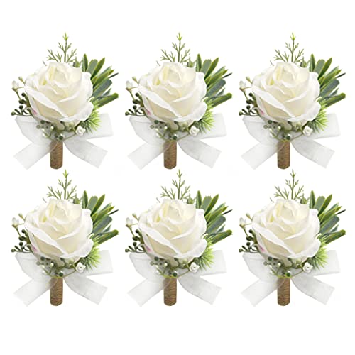 Boutonniere for Men Wedding Groomsmen Ivory Rose Best Men Wedding Boutonniere Pins for Wedding Buttonholes Artificial Handcraft Greenery Bouquet Boutineers for Men Wedding Prom Party Set of 6