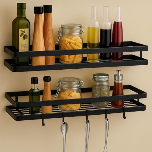 Image of Craftize Mstore Wall Mounted Kitchen Spice Rack Organizer - Black Iron Hanging Spice Shelf with 5 S-Shaped Hooks for Utensils | Pack of 2 (Two Different Sizes) (Pack-2)