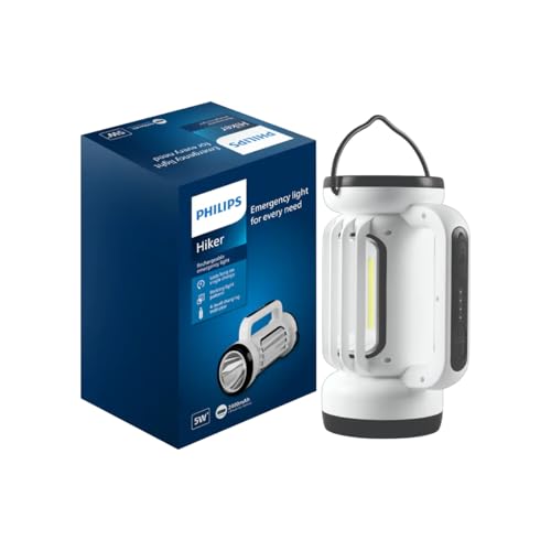 Philips Hiker 5W Rechargeable Emergency Light | Long Lasting with 2400 mAh Battery and 6 Hours Backup | 3 Main Modes, 2 Side Modes and Stepless Dimming Feature | Cool White