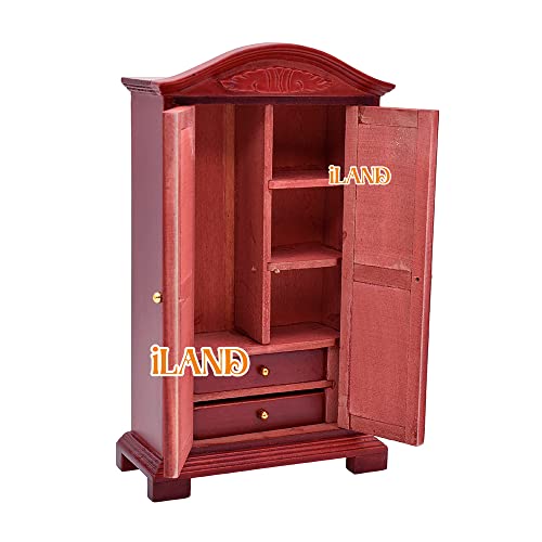 Iland Vintage Dollhouse Furniture 1/12 Scale, Dollhouse Bedroom Furniture In Mahogany Color Incl Dollhouse Bed & Mirror Full Length & Wardrobe & Bedside Table & Rocking Chair (Brewster 7Pcs) #TOP6
