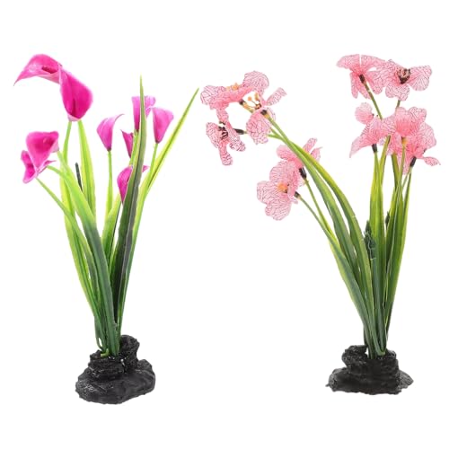 SEWACC Lot de 2 Plantes Artificielles pour Aquarium Fleurs Aquatiques en Plastique Noir Violet et Rose Décoration Végétale Réaliste Ornements Décoratifs...