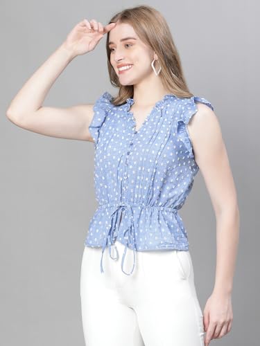 Image of oxolloxo Women Floral Print Ruffle Detailed Pleated Elasticated Tie-Up Short Sleeve Cotton Top