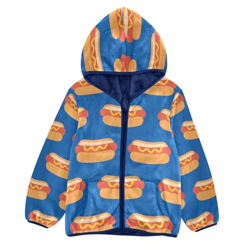 Hot Dog Pattern on Blue Toddler Fleece Jacket Girl Boys Hooded Fleece Jacket Coat Warm Outwear Zip-up 3-10T