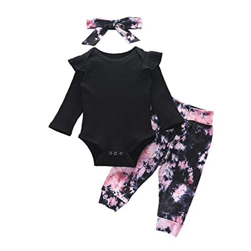 Image of Newborn Baby Girl Clothes Long Sleeve Solid Jumpsuit Top+Tie Dye Pant+Headband 3Pcs Outfit Set (Black,6-12 Months)