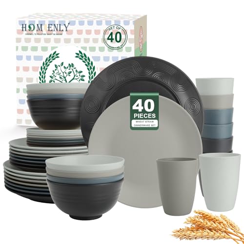 Image of Homienly Premium 40 PCS Wheat Straw Dinnerware Set - Dinner Plates, Cereal Bowls, Unbreakable Cups Set, Microwave and Dishwasher Safe Dishes Set, Reusable Lightweight Dish Sets for Kitchen(Black Grey)