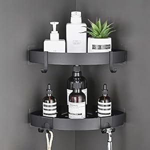 TRUSTLIFE Bathroom Corner Shelf Black Adhesive Shower Caddy Organiser Space Aluminum Wall Mounted Bath Shelves No Drilling with Hooks for Wetroom – 2 Pack