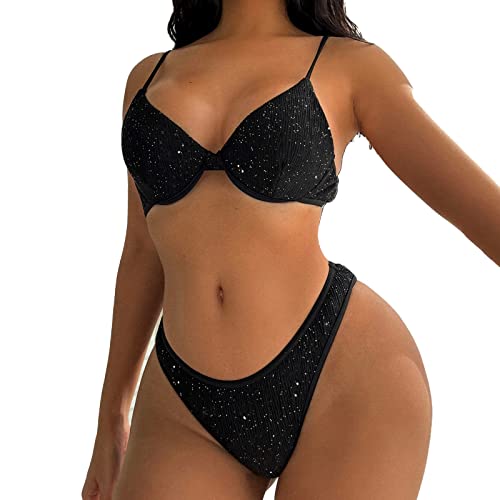 Generisch Bikini sin tirantes para mujer, sexy brasileño, 2 piezas, con tirantes finos, parte superior, traje de baño tanga, parte superior 40, Negro , L