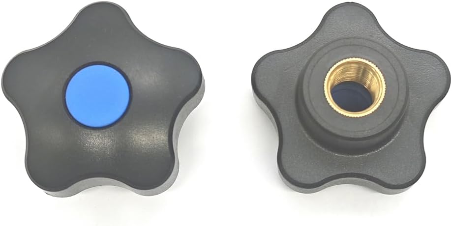 Five-Star-Shaped Knob 5-Lobe Plastic Knob Through Hole Nylon Clamping Nut with M6 M8 M10 M16 Female Thread Brass Insert M16x63 4pcs Black Body with Blue Center Cover