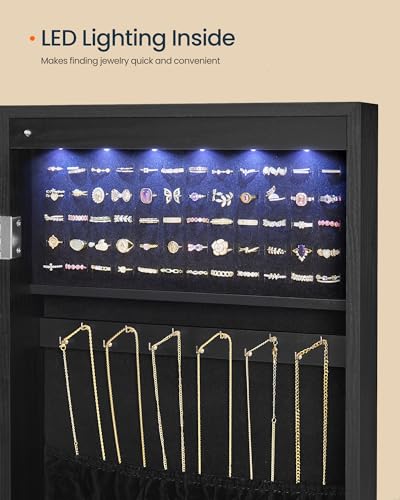 Image of SONGMICS HOME Mirror Jewelry Cabinet, Lockable Hanging Jewelry Organizer with Full-Length Mirror, Door or Wall Mounted Storage Cabinet, Interior LED Lights, Black