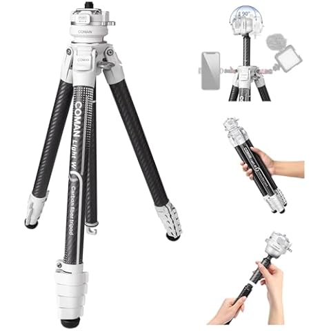 COMAN Portable Travel Camera Tripod, Compact Lightweight DSLR Tripods, Carbon Fiber Tripod Stand with 360° Ball Head Detachable Professional Tripod for Phone Canon Sony Nikon,Live Streaming, White Cover