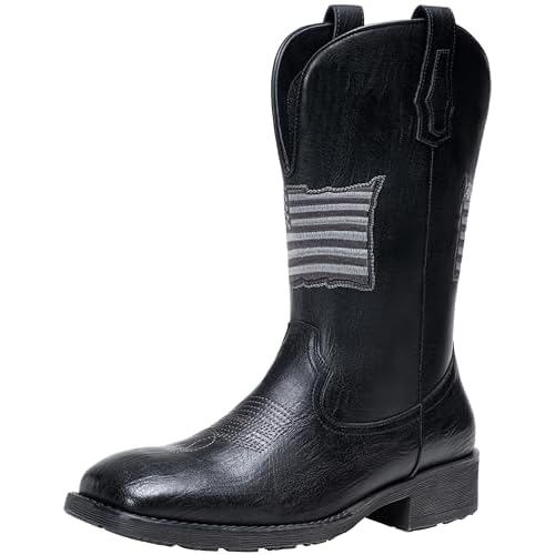 Jousen Cowboy Boots for Men Western Boot Side Zipper American Flag Retro Square Toe Mid-Calf Mens Boots