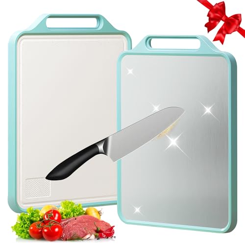 Double Sided Cutting Board, BOYUNSHI 304 Stainless Steel & Wheat Straw PP Chopping Boards with Handle, Non Slip Chopping Board for Kitchen Meat Fruit and Vegetables, Easy to Clean, 15.5” * 11.8”