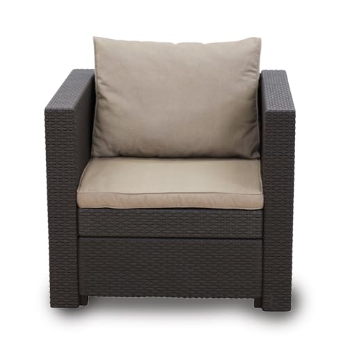 Keter – Loungesessel Rattan-Optik in Anthrazit inkl. passendem Sitz- & Rückenkissen in Capuccino - Rattansessel für Balkon, Garten und Terrasse - Produktmaße: T65xB68xH77