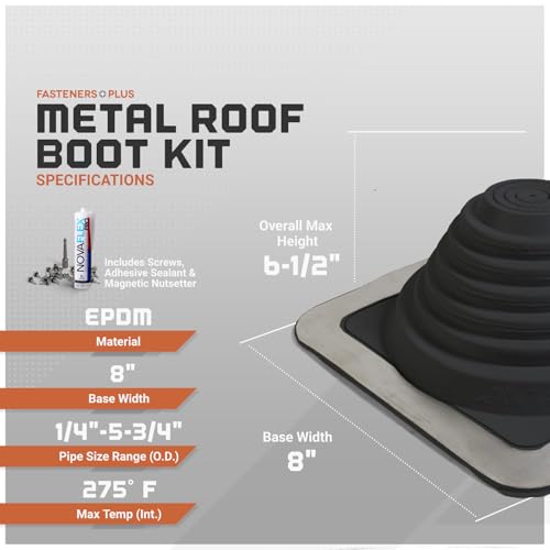 Image of Fasteners Plus #3 Square EPDM Metal Roof Pipe Flashing Boot | with Complete Install Kit (Fits 1 /4 inch - 5-3 /4 inch Pipe OD), Black