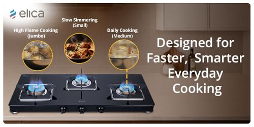Image of Elica Slimmest 3 Burner Gas Stove with Toughened Glass Top | Ultra Slim Frame | Forged Brass Burners | 7 Year Warranty on Glass & 5 Year Warranty on Burners | 773 CT VETRO (Slim Line SPF) | Black