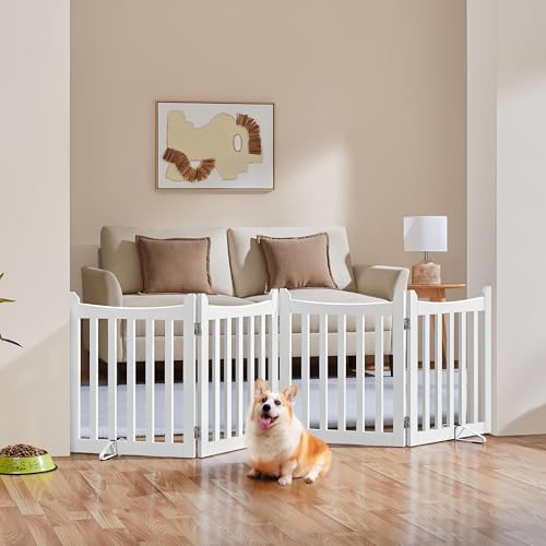 Yaheetech Wooden Dog Gate Indoor 4 Panels Freestanding Pet Fence with Support Feet for Small and Medium Dogs, Stair Barrier for House/Stairs/Doorway (White,61 cm H X 205cm L)