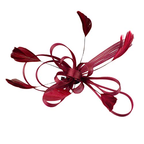 Women Fascinators Ladies Tea Party Fashion Derby Wedding Cocktail Headpiece - Flower Mesh Feathers On Hair Clip (Wine) #TOP26