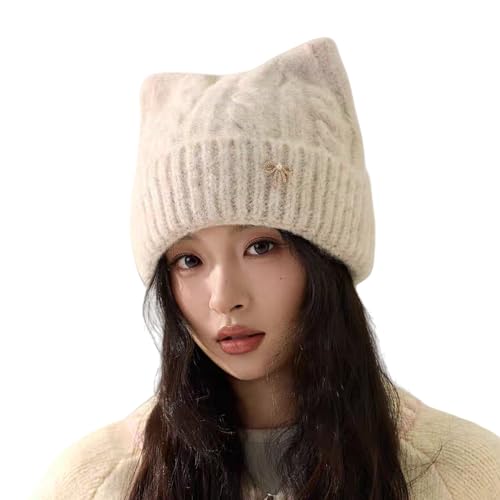 Karsaer ニット帽 レディース 秋冬 猫耳 帽子 防寒 暖かい 肌に優しい 厚手 ふわふわ ニット帽子 可愛い 小顔効果 伸縮性 柔らかい ビーニー帽 通勤 通学 G0226