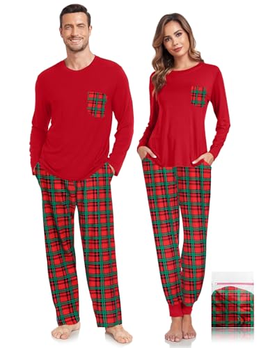 Men & Women Pajama for Couple Christmas Plaid Pajama Set Long Sleeve Sleepwear Soft Modal Lounge Set with Pocket