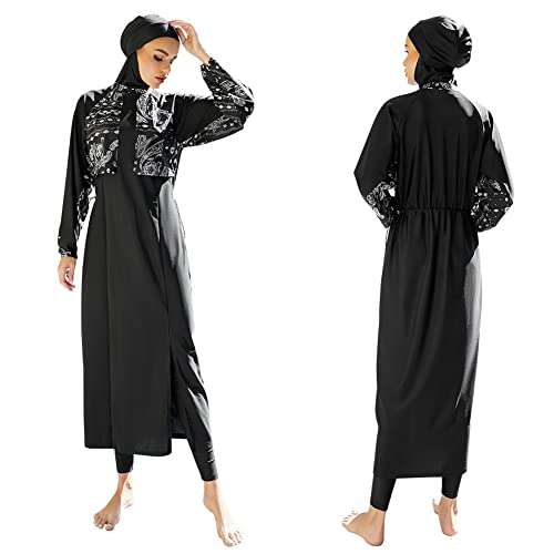 Muslimische Bademode Badeanzug Full Cover Bescheidene Badebekleidung Modest Muslim Swimwear Beachwear Burkini Langarm Tops und Hose mit Hijab 3-Teilige Modest Bademode Sets Schwarz03 L