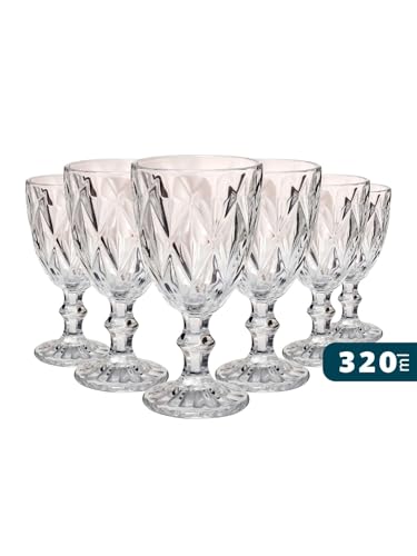 Jogo Com 6 Taças De Vidro Diamond Bico de Jaca 320ml Agua e Vinho Transparente - Dolce Home