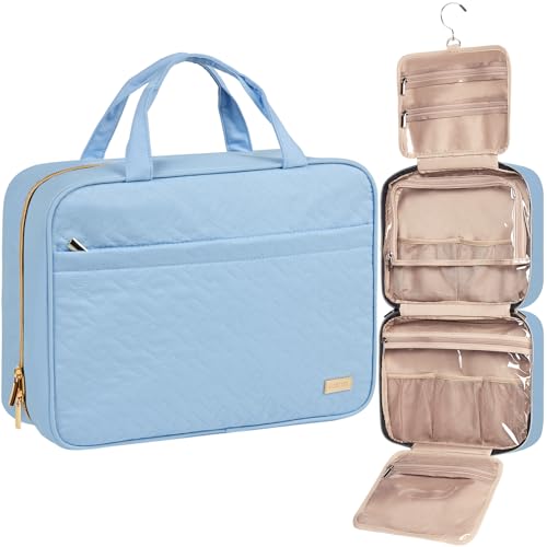 Image of NISHEL Travel Toiletry Bag for women, Portable Hanging Organizer for Family-Sized Shampoo, Conditioner, Brushes Set, Makeup Accessories, Extra Large Size, Placid-Blue