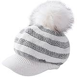 MIFULGOO Fleece Lined Beanie Hat w/Visor Brim Winter Knit Newsboy Cap Women Girl Pom Pom (White)